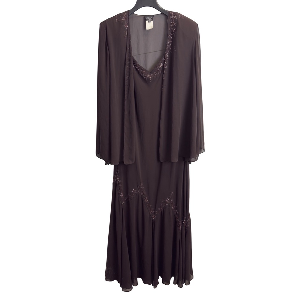 Xscape Joanna Chen Womens 22W Brown Beaded Maxi Dress with Matching Sheer Jacket